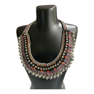 Statement Bib Necklace Mixed Media Chain Beaded Tribal Boho Silver Pink Orange